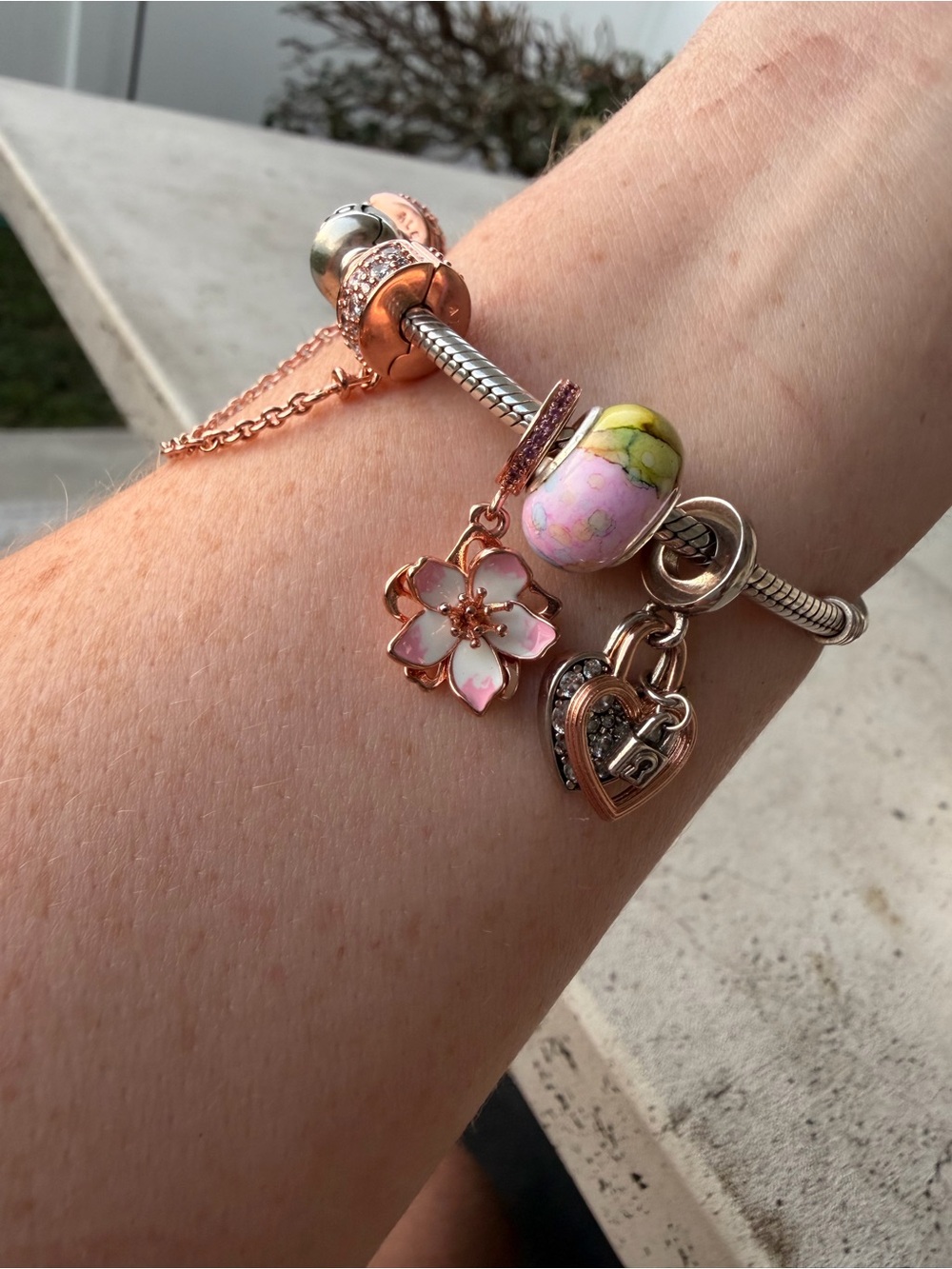 2 Pandora Two-Tone Charm Bracelets with Rose Gold Floral Charms & Gold Bee - Picture 15 of 15